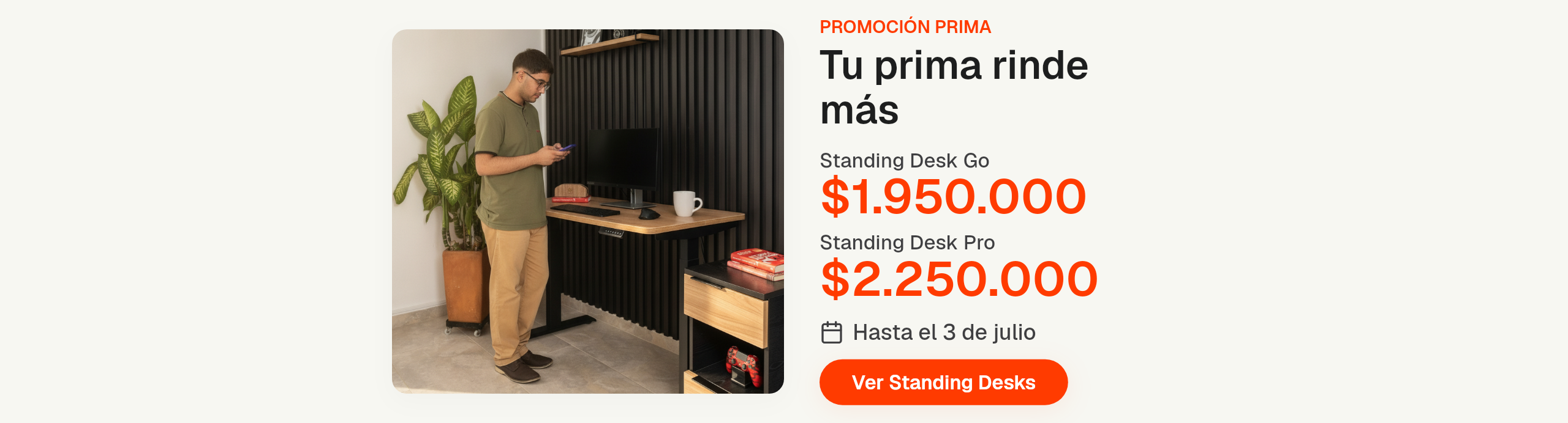 Promoción Prima de Tecu — Standing Desks: Go $1.950.000, Pro $2.250.000, hasta el 3 de julio