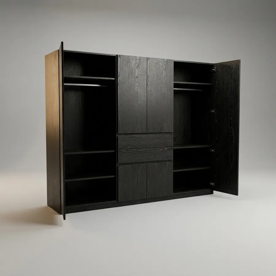 Clóset 3 columnas · 3 con puerta · 3 para colgar · 2 cajones · 180 cm · Roble Negro