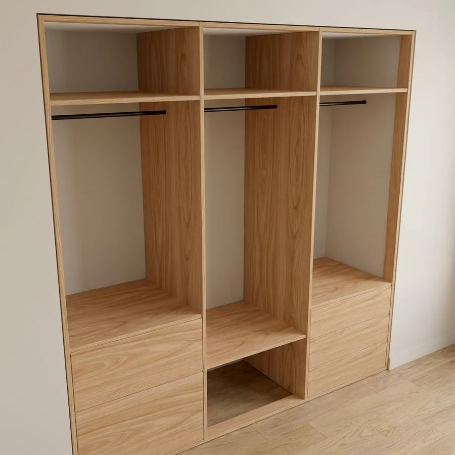 Clóset 3 columnas · 3 para colgar · 5 cajones · 200 cm · Fresno