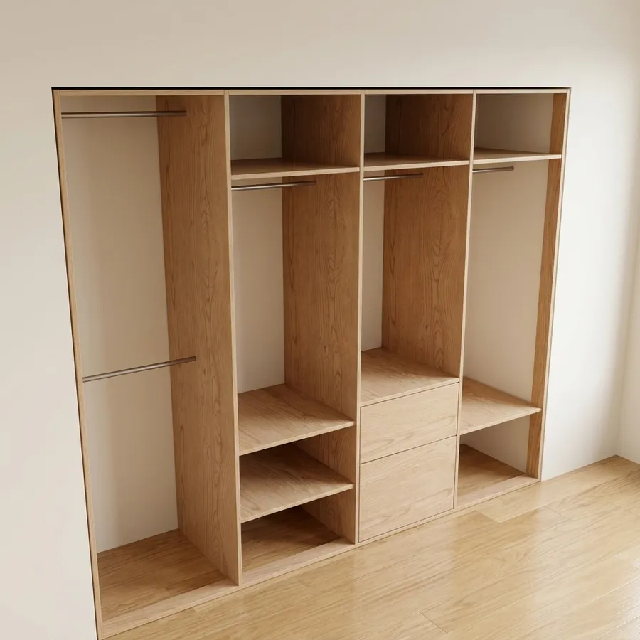 Clóset 4 columnas · 4 para colgar (1 doble) · 2 cajones · 240 cm · Fresno
