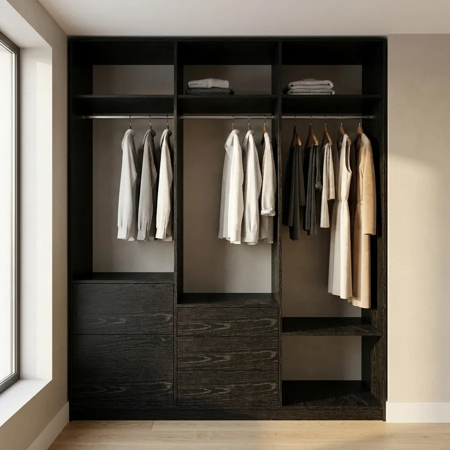 Clóset 3 columnas · 3 para colgar · 5 cajones · 180 cm · Roble Negro