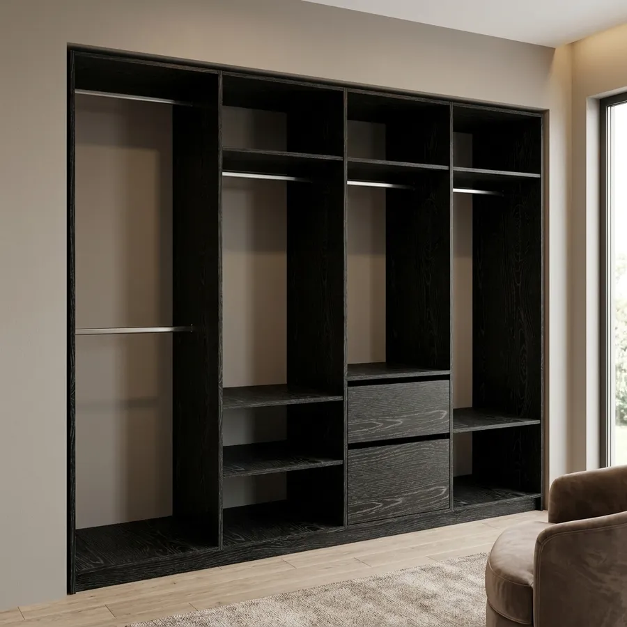 Clóset 4 columnas · 4 para colgar (1 doble) · 2 cajones · 240 cm · Roble Negro