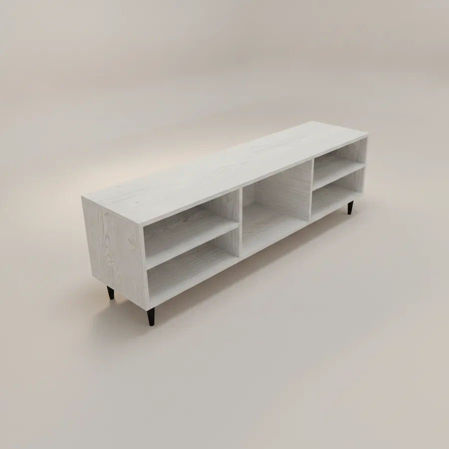 Mesa de TV — 3 nichos abiertos · 160 cm · Niebla